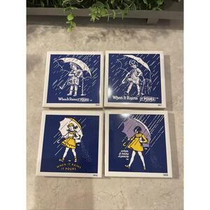 VTG 4 Morton Salt When It Rains It pours tile Coasters/trivets, 1914/21,1956/68